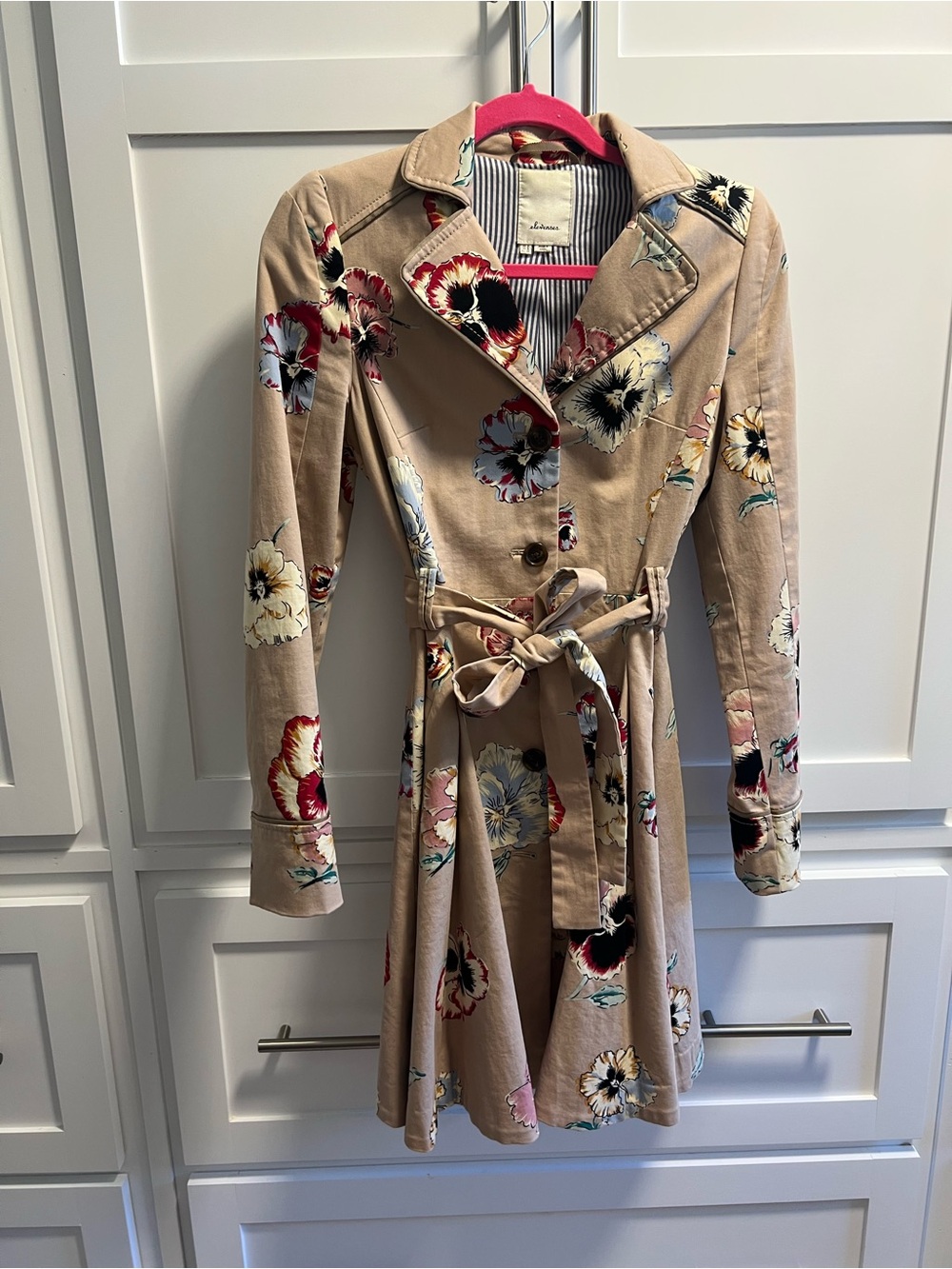Anthropologie elevenses Beige Floral Belted Trench Coat